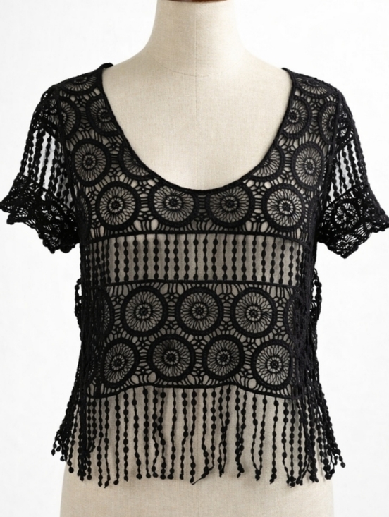 Anthropologie Tops - Anthropologie DULCIE Boho Sheer Crochet Top Black Cotton Fringe Hem Short Sleeve